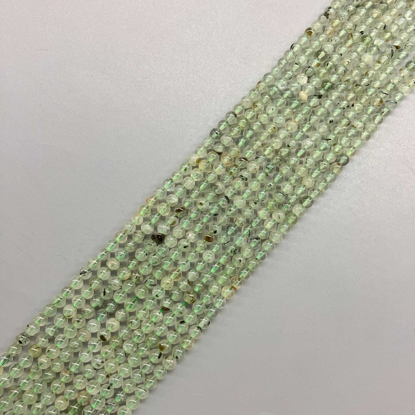 Epidote In Prehnite With Black Tourmaline Round Bead 16" 4mm A